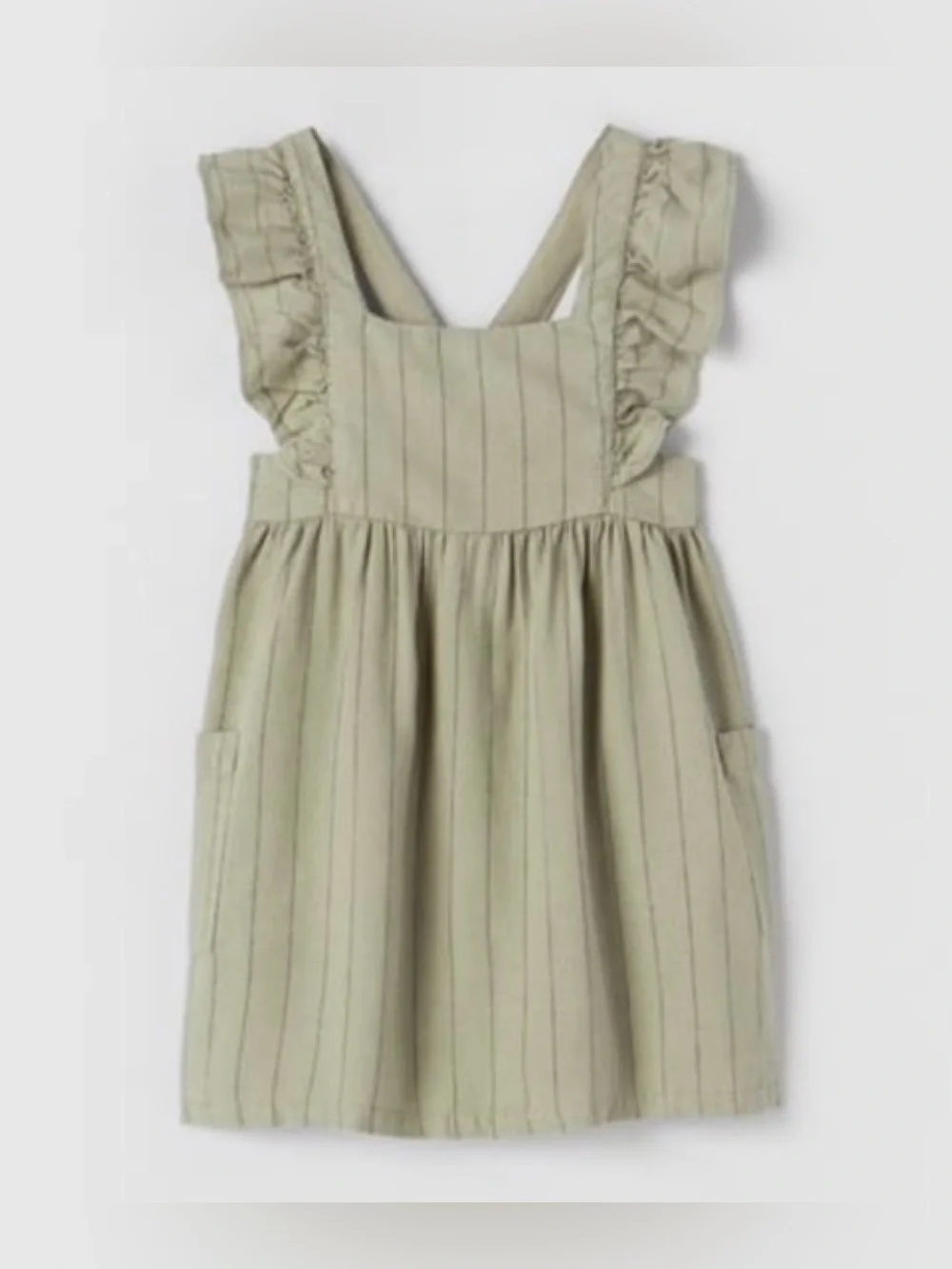 ZARA - New Baby Girl striped Linen blend sleeveless dress sage green 12-18 month